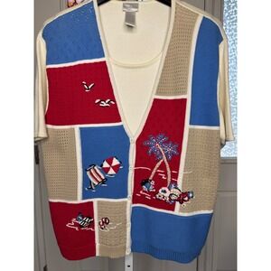 Vintage 90s Koret Beach Patchwork Knit Short Sleeve Cardigan XL Coastal Nautical